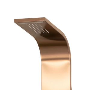 PULSE ShowerSpas Brushed Bronze Stainless Steel Shower Panel - Santa Cruz ShowerSpa - electro-anodized brushed bronze finish - rainfall showerhead - closeup view - 1033 - Vital Hydrotherapy