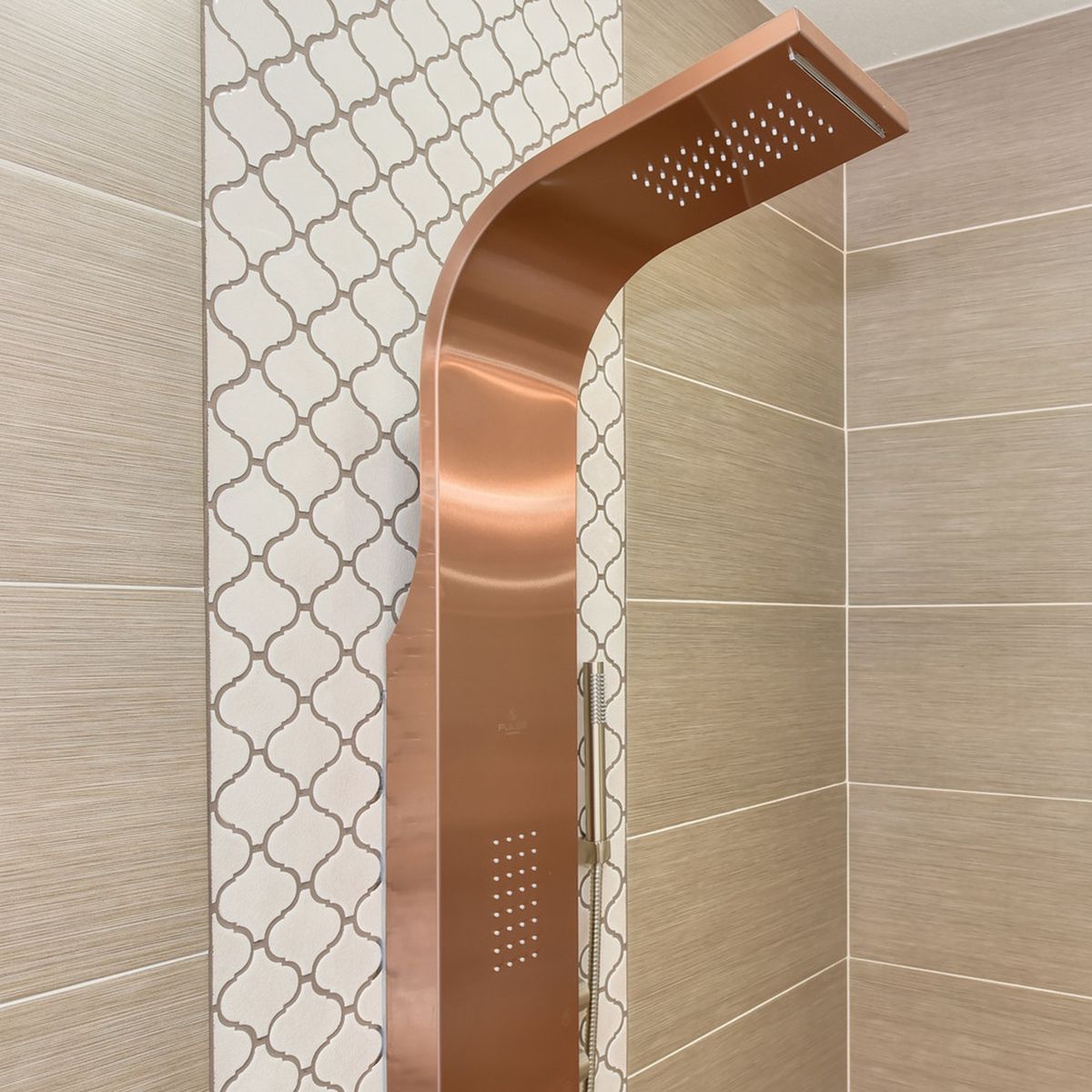 PULSE ShowerSpas Brushed Bronze Stainless Steel Shower Panel - Santa Cruz ShowerSpa - electro-anodized brushed bronze finish - with Oversized body jets, hand shower with double-interlocking stainless steel hose, pressure balance valve and Multiple diverters - 1033 - Vital Hydrotherapy