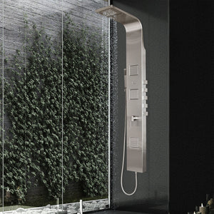 PULSE ShowerSpas Matte Brushed Stainless Steel Shower Panel - Waimea ShowerSpa 1034 - with 6" Waterfall showerhead and 4" rain showerhead, hand shower with 59" double-interlocking stainless steel hose, 3 Extra-large adjustable body jets and Multiple diverters - Rain showerhead - Lifestyle - Vital Hydrotherapy