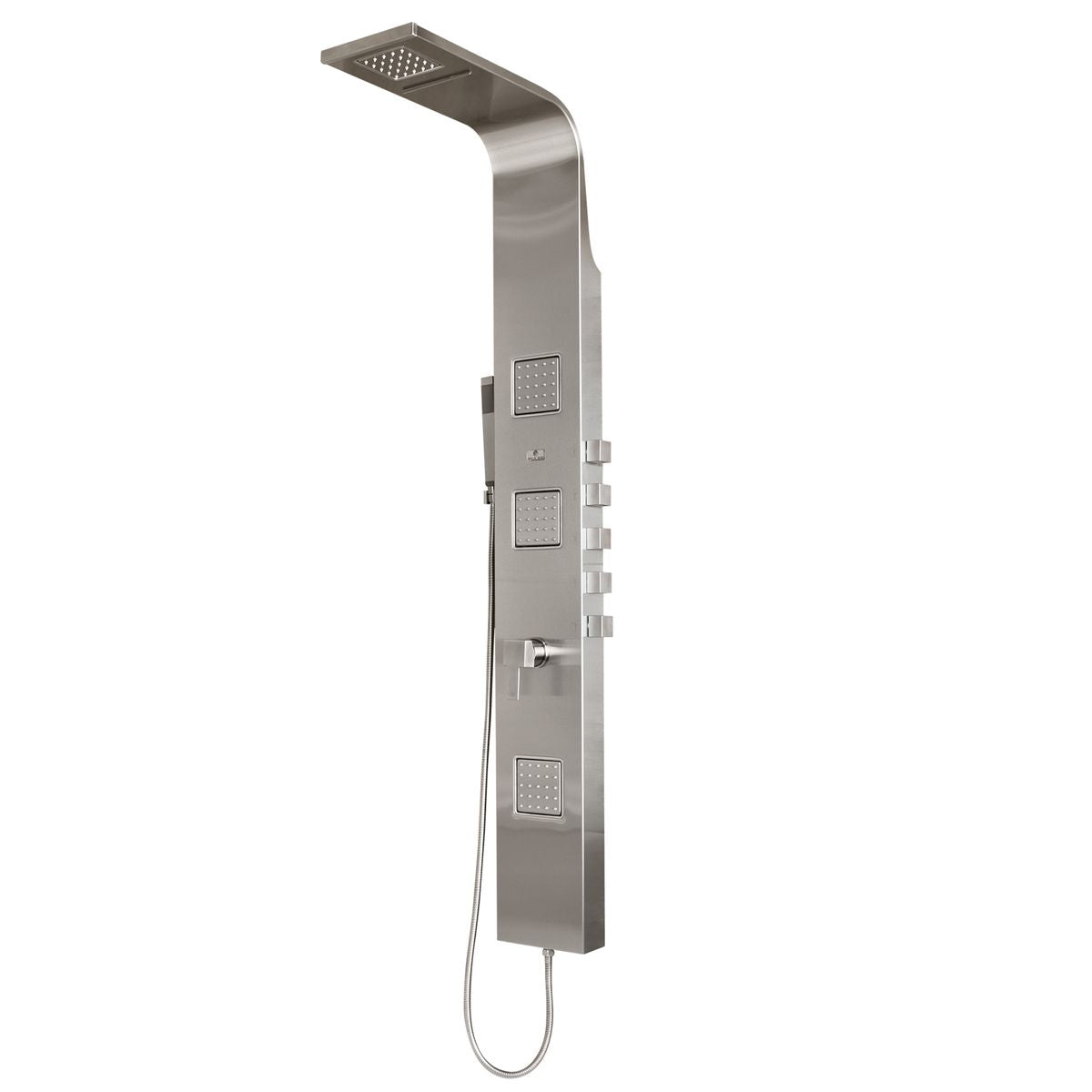 PULSE ShowerSpas Matte Brushed Stainless Steel Shower Panel - Waimea ShowerSpa 1034 - with 6" Waterfall showerhead and 4" rain showerhead, hand shower with 59" double-interlocking stainless steel hose, 3 Extra-large adjustable body jets and Multiple diverters - Vital Hydrotherapy