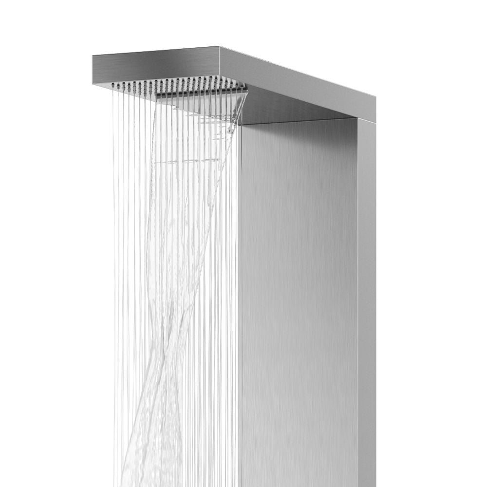 PULSE ShowerSpas Matte Brushed Stainless Steel Shower Panel - Oahu ShowerSpa - accented with polished chrome fixtures - with rain and waterfall showerhead - 1035 - Vital Hydrotherapy