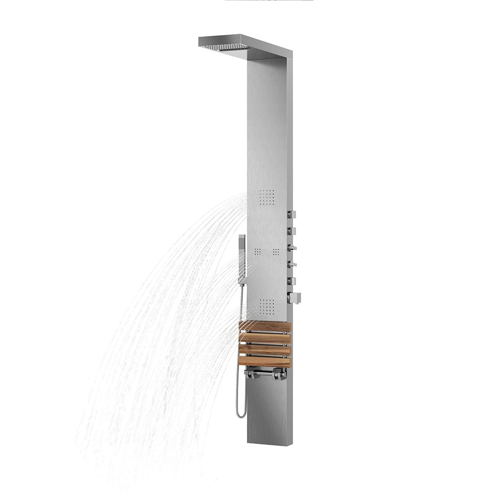 PULSE ShowerSpas Matte Brushed Stainless Steel Shower Panel - Oahu ShowerSpa - accented with polished chrome fixtures - with rain and waterfall showerhead, 4 Rejuvenating body jets in two sizes, thermostatic valve and Multiple diverters - with hand shower with 59" double-interlocking stainless steel hose and folding seat made of teak wood - 1035 - Vital Hydrotherapy