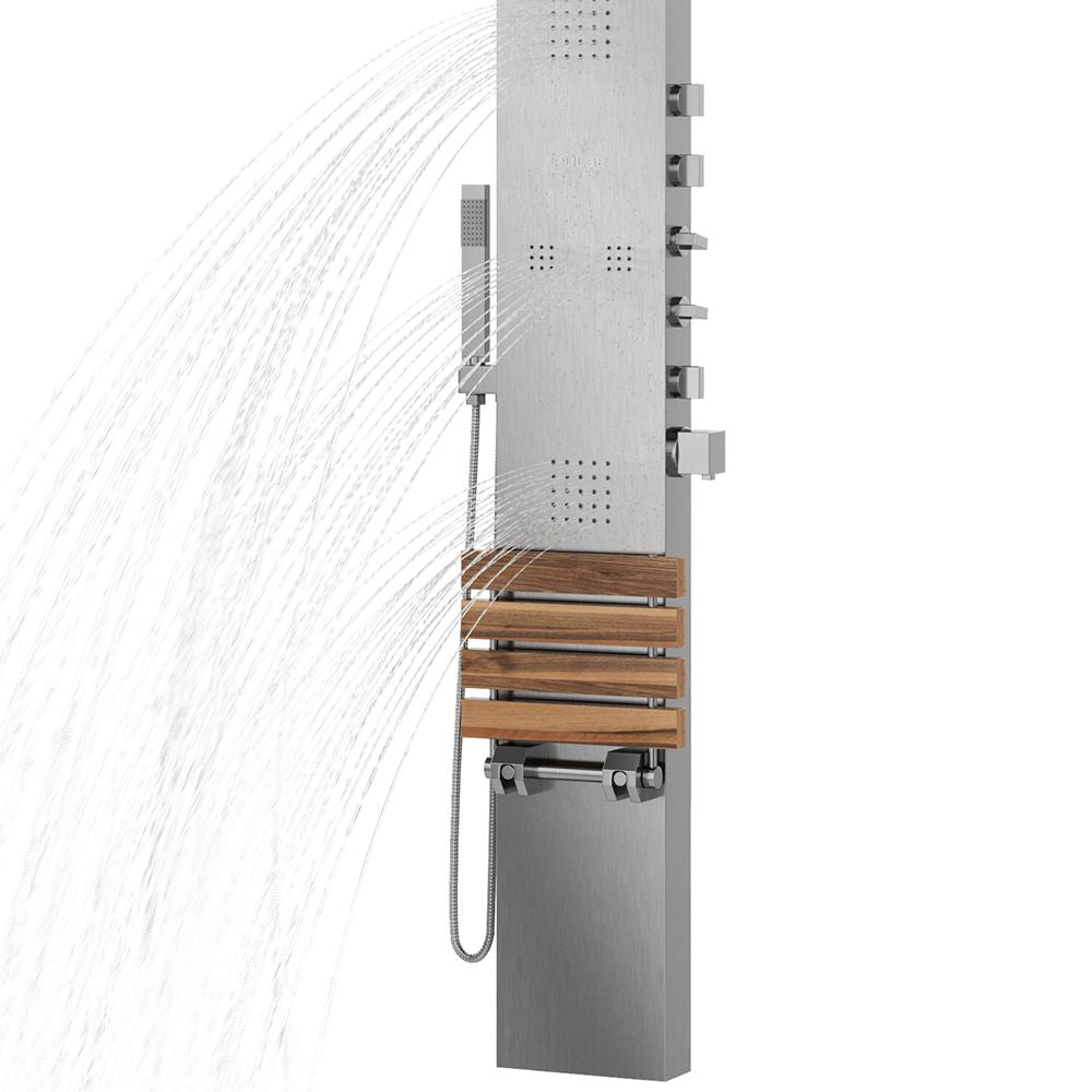 PULSE ShowerSpas Matte Brushed Stainless Steel Shower Panel - Oahu ShowerSpa - accented with polished chrome fixtures - with 4 Rejuvenating body jets in two sizes, thermostatic valve and Multiple diverters - with hand shower with 59" double-interlocking stainless steel hose and folding seat made of teak wood - 1035 - Vital Hydrotherapy