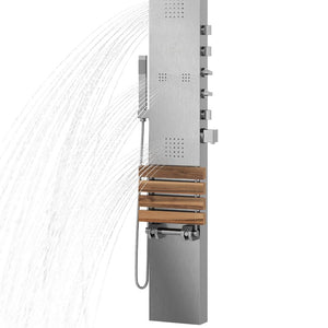 PULSE ShowerSpas Matte Brushed Stainless Steel Shower Panel - Oahu ShowerSpa - accented with polished chrome fixtures - with 4 Rejuvenating body jets in two sizes, thermostatic valve and Multiple diverters - with hand shower with 59" double-interlocking stainless steel hose and folding seat made of teak wood - 1035 - Vital Hydrotherapy