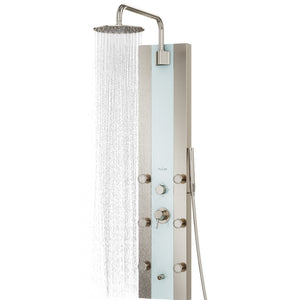PULSE ShowerSpas Seafoam Glass Shower Panel - Tropicana ShowerSpa - Brushed stainless steel frame and Brushed Nickel accents - with 10" low profile stainless steel rain showerhead with soft tips, brass shower arm, 6 single-function Silk-Spray Jets, Single function hand shower with double-interlocking stainless steel hose, Brass diverter and Tub spout/temperature tester - 1039W-BN - Vital Hydrotherapy