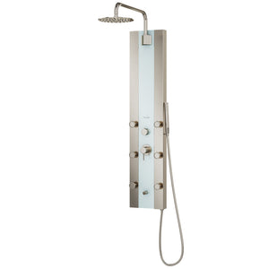 PULSE ShowerSpas Seafoam Glass Shower Panel - Tropicana ShowerSpa - Brushed stainless steel frame and Brushed Nickel accents - with 10" low profile stainless steel rain showerhead with soft tips, brass shower arm, 6 single-function Silk-Spray Jets, Single function hand shower with double-interlocking stainless steel hose, Brass diverter and Tub spout/temperature tester - 1039W-BN - Vital Hydrotherapy