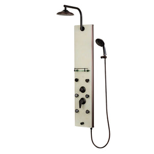 PULSE ShowerSpas White Venetian Glass Oil Rubbed Bronze Shower Panel - Barcelona ShowerSpa - 8-inch rain showerhead, 6 single-function Silk-Spray Jets, brass shower arm, Five-function hand shower with 59-inch hose, Four-way Simple Select™ diverter, Glass shelf and Tub spout/temperature tester - 1040 - Vital Hydrotherapy