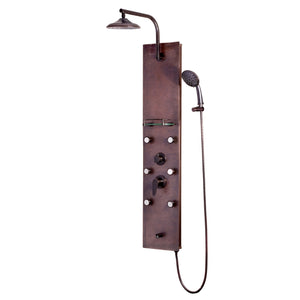 PULSE ShowerSpas Hammered Copper ORB Shower Panel - Sedona ShowerSpa - Hand-forged hammered copper panel with brass fixtures in oil-rubbed bronze finish - 8-inch rain showerhead, 6 single-function Silk-Spray Jets, brass shower arm, Five-function hand shower with 59-inch hose, Four-way Simple Select™ diverter, Glass shelf and Tub spout/temperature tester - 1041 - Vital Hydrotherapy