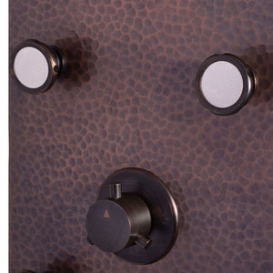 PULSE ShowerSpas Hammered Copper ORB Shower Panel - Sedona ShowerSpa - Hand-forged hammered copper panel with brass fixtures in oil-rubbed bronze finish - single-function Silk-Spray Jets and spout/temperature tester  - 1041 - Vital Hydrotherapy