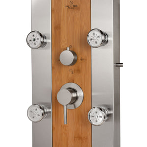 PULSE ShowerSpas Bamboo Shower Panel - Bali ShowerSpa - Brushed stainless steel frame and Brushed nickel fixtures - Single-function PULSE PowerSpray™ with ON/OFF control on bottom 4 body jets, Brass diverter and Tub spout/temperature tester - 1050 - Vital Hydrotherapy
