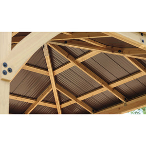 10' x 10' Meridian Gazebo Kit wooden gazebo 100% cedar lumber with a neutral coffee brown aluminum roof inside view - Vital Hydrotherapy