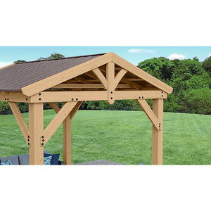 10' x 10' Meridian Pavilion 100% premium Cedar lumber and finished in a Natural Cedar stain with a coffee brown aluminum roof close up view - Vital Hydrotherapy 