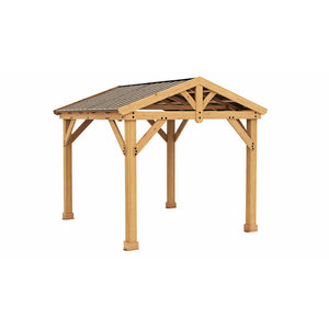 10' x 10' Meridian Pavilion 100% premium Cedar lumber and finished in a Natural Cedar stain with a coffee brown aluminum premium gable roof design and overall dimensions of 10’ L x 9’ 11” W x 9’ 3” H isometric view - Vital Hydrotherapy 