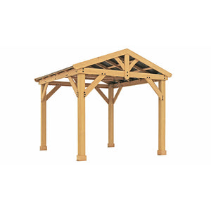 10' x 10' Meridian Pavilion 100% premium Cedar lumber and finished in a Natural Cedar stain with a coffee brown aluminum premium gable roof design and overall dimensions of 10’ L x 9’ 11” W x 9’ 3” H - Vital Hydrotherapy