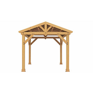 10' x 10' Meridian Pavilion 100% premium Cedar lumber and finished in a Natural Cedar stain with a coffee brown aluminum premium gable roof design and overall dimensions of 10’ L x 9’ 11” W x 9’ 3” H front view - Vital Hydrotherapy 