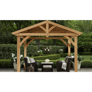 Yardistry 11' X 13' Carolina Pavilion Ym11726x - Built Using Premium Cedar Lumber - Stunning Coffee Brown Aluminum Roof - 6 in. X 6 in. Posts With Classic Plinths - Pre-cut, Pre-drilled, and Pre-stained Lumber - Set in a garden - Vital Hydrotherapy