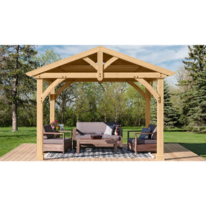 Yardistry 11' X 13' Carolina Pavilion Ym11726x - Built Using Premium Cedar Lumber - Stunning Coffee Brown Aluminum Roof - 6 in. X 6 in. Posts With Classic Plinths - Pre-cut, Pre-drilled, and Pre-stained Lumber - Set in a garden - Vital Hydrotherapy