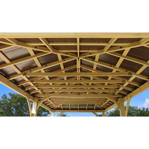 12 x 24 Meridian Gazebo - exterior grade cedar coated in natural cedar-color stain with coffee brown colored aluminum roof