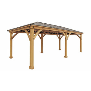 12 x 24 Meridian Gazebo - exterior grade cedar coated in natural cedar-color stain with coffee brown colored aluminum roof, 6” x 6” Posts with classic plinths, Heavy, curved corner gussets in a white background