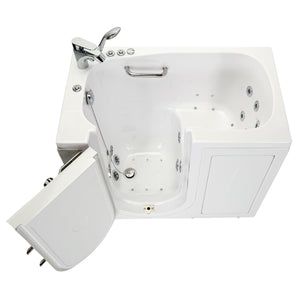 Ella Mobile 26"x45 Acrylic Hydro Massage Walk-In Bathtub with Swing Door, 2 Piece Fast Fill Faucet, 2" Drain with tempered glass outward swing door with door seal and ANTI-leak 3 latch system, Left side outward swing door, 1 stainless steel grab bars, Cast acrylic high gloss finish, fiberglass gel-coat reinforced, Rugged stainless steel frame Walk-In Bathtub in a white background