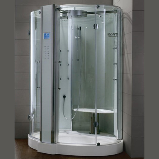 Athena steam shower with dual entry glass doors, heavy-duty bench seating, and tempered powdered glass design surrounded by polished aluminum trim