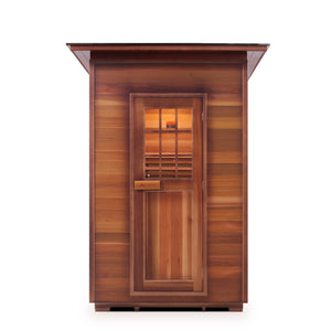 Enlighten sauna SaunaTerra Dry Traditional MoonLight 2 Person Outdoor Sauna Canadian Red Cedar Wood Outside And Inside Double Roof ( Flat Roof + slope roof) front view