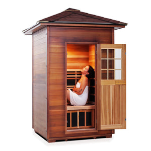 Enlighten Sauna InfraNature Original Infrared Canadian red cedar two person sauna with women model inside view