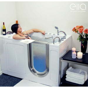 A woman relaxing in a Ella Elite 30"x52" Acrylic Soaking + Heat Walk-In Bathtub with Brushed stainless steel and frosted tempered glass door and Right Swing Door, 2 Piece Fast Fill Faucet, 2" Dual Drain, 2 overflows, two 5 ft. incoming supply lines and 2 drain elbows, 2 stainless steel grab bars, 360° swivel tray, Detachable wide backrest in a white background.