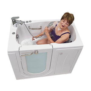Ella Mobile 26"x45 Acrylic Hydro Massage Walk-In Bathtub with Swing Door, 2 Piece Fast Fill Faucet, 2" Drain-Cast acrylic high gloss finish, fiberglass gel-coat reinforced with tempered glass outward swing door with door seal and ANTI-leak 3 latch system, Left side outward swing door, 1 stainless steel grab bars, Rugged stainless steel frame Walk-In Bathtub with 1 woman model in a white background