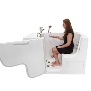 Ella Wheelchair Transfer 32"x52" Acrylic Soaking Walk-In-Bathtub, Left Outward Swing Door, 2 Piece Fast Fill Faucet, 2" Dual Drain,  24” wide seat, 2 stainless steel grab bars, L-shape wheelchair transfer outswing door with a female model in a white background.