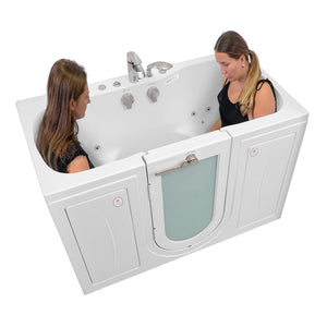 Two woman sitting in a Ella Tub4Two 32"x60" vacuum formed from a solid, long-lasting acrylic sheet with two center-facing seats, U-Shape outward swing door with a gear/shaft driven 3-latch door lock in a white background