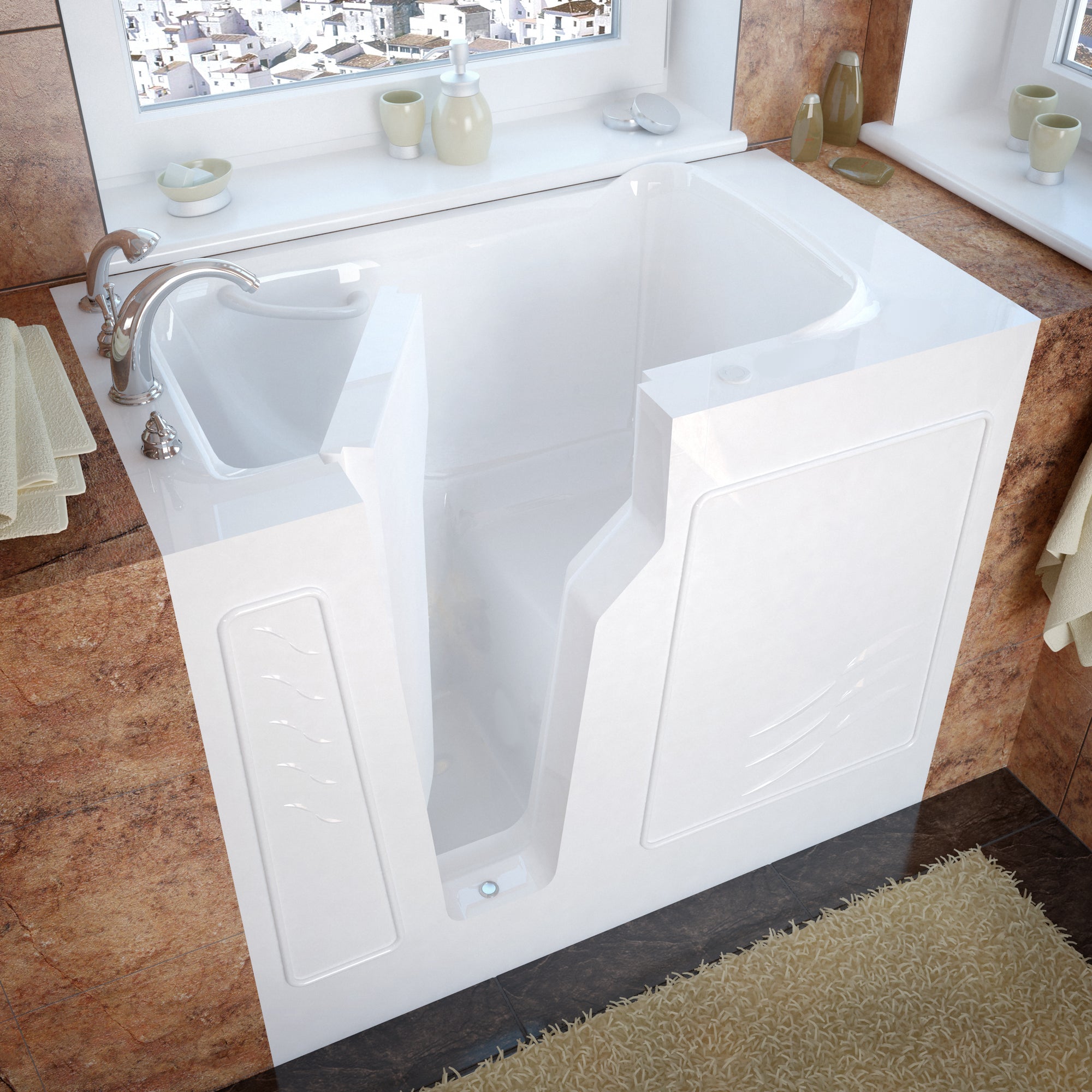 Meditub 26 x 46 Walk-In Bathtub - High grade marine fiberglass with triple gel coating - White Finish - Inward swinging door - with 6 in. Threshold & 17 in. Seat Height, Built-in grab bar - Left Drain - Soaking  - Lifestyle -  2646 - Vital Hydrotherapy