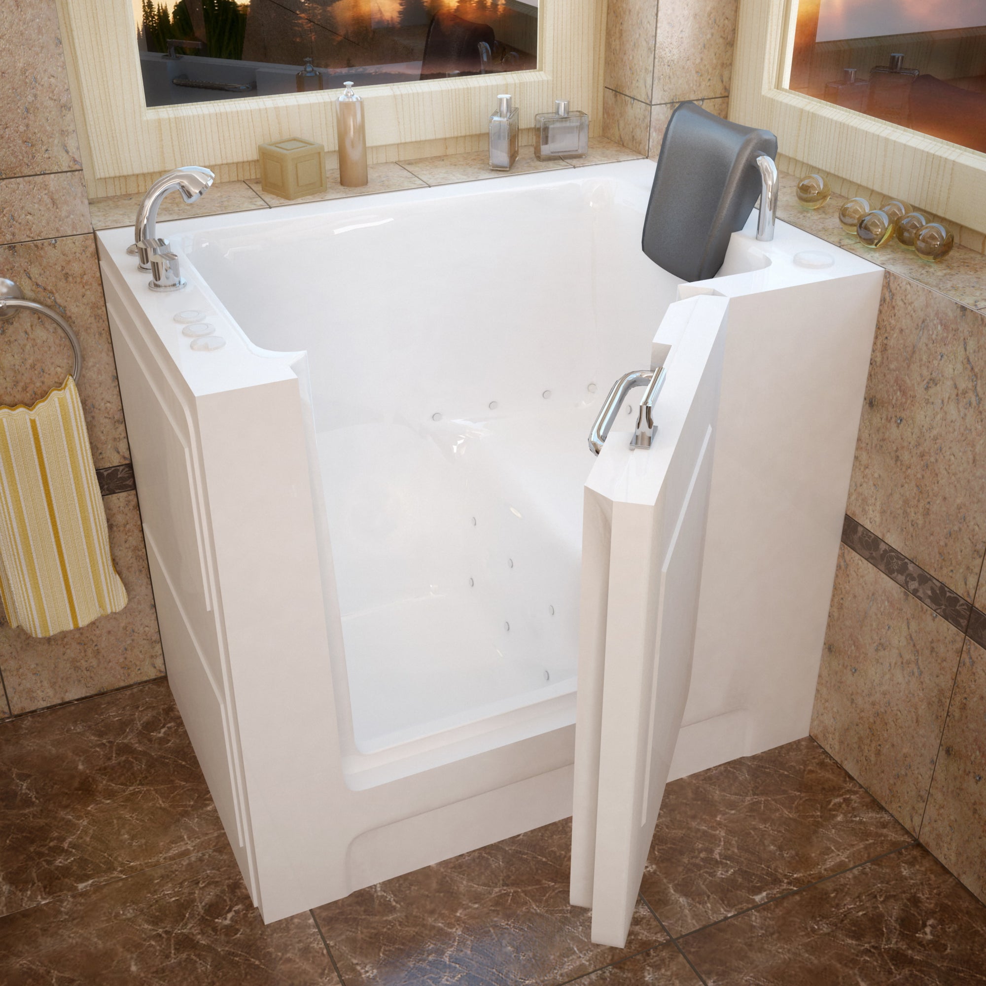 Meditub 27 x 39 White Walk-In Bathtub - High grade marine fiberglass with acrylic coating - White Finish and color matching trim - Outward swinging door - with 6 in. Threshold & 17 in. Seat Height, Built-in grab bar - Left Drain - Air Jetted - Lifestyle - 2739 - Vital Hydrotherapy