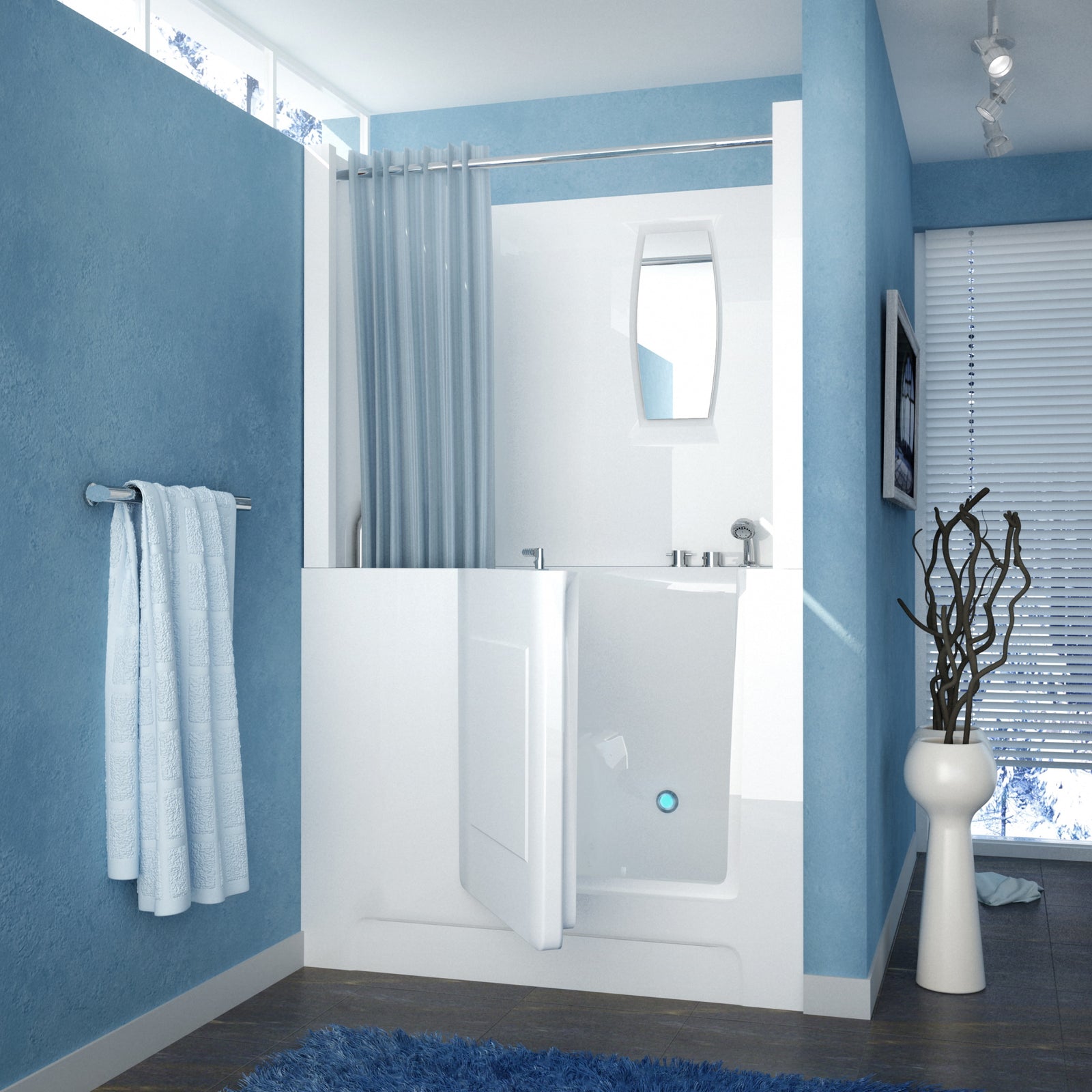 Meditub Walk-In 27 x 47 Right Drain White Walk-In Bathtub - High-grade marine fiberglass with acrylic coating - White Finish and color-matching trim - 6 in. Threshold & 15 in. Seat Height - Built-in grab - with Inward swinging door - 2747RW - Lifestyle - Air Jetted - Vital Hydrotherapy