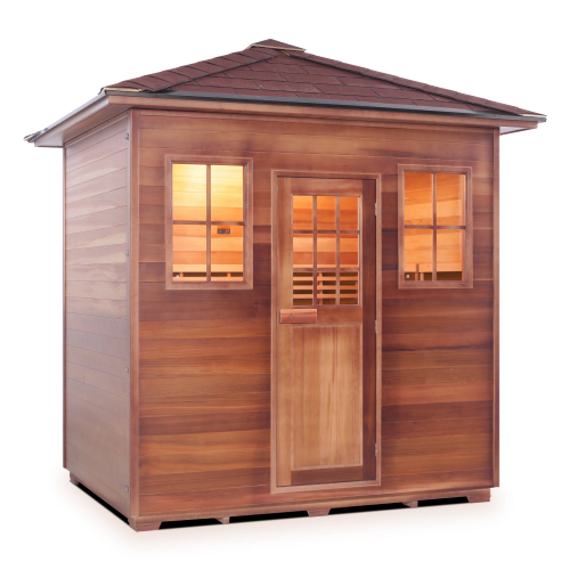 Enlighten sauna SaunaTerra Dry Traditional MoonLight 5 Person Outdoor Sauna Canadian Red Cedar Wood Outside And Inside Double Roof ( Flat Roof + peak roof) front view