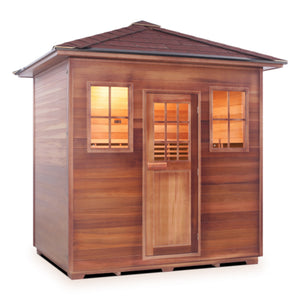Enlighten sauna SaunaTerra Dry Traditional MoonLight 5 Person Outdoor Sauna Canadian Red Cedar Wood Outside And Inside Double Roof ( Flat Roof + peak roof) isometric view