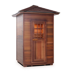 Enlighten sauna SaunaTerra Dry Traditional MoonLight 2 Person Outdoor Sauna Canadian Red Cedar Wood Outside And Inside Double Roof ( Flat Roof + peak roof) isometric view