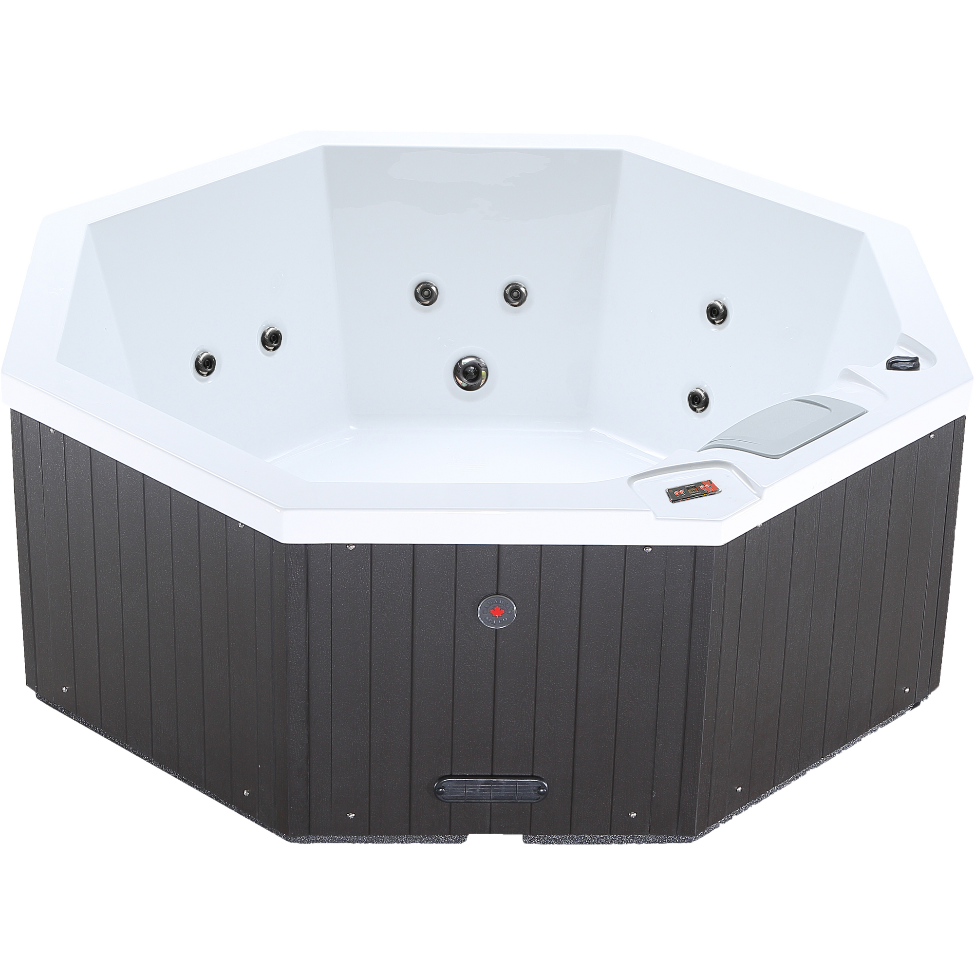Canadian Spa Muskoka 5-Person 14-Jet Portable Plug & Play Hot Tub - White inside - Black outside - with adjustable stainless steel hydrotherapy jets, multi-coloured LED lighting - Size: 74" x 74"x 29" - Front view - KH-10096 - Vital Hydrotherapy