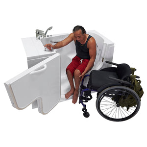 Ella Wheelchair Transfer 26"x52" Acrylic Hydro Massage Walk-In Bathtub with Right side wheelchair Outward Swing Door, 2 Piece Fast Fill Faucet, 2" Dual Drain - with with 2 stainless steel grab bars - L-shape wheelchair, 2-latch door lock system concealed with an acrylic decorative cover, Cast acrylic high gloss finish, fiberglass gel-coat reinforced, Rugged stainless steel frame Walk-In Bathtub with 1 man sitting in a bathtub