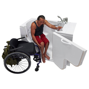 Ella Wheelchair Transfer 26"x52" Acrylic Hydro Massage Walk-In Bathtub with Right side wheelchair Outward Swing Door, 2 Piece Fast Fill Faucet, 2" Dual Drain - with with 2 stainless steel grab bars - L-shape wheelchair, 2-latch door lock system concealed with an acrylic decorative cover, Cast acrylic high gloss finish, fiberglass gel-coat reinforced, Rugged stainless steel frame Walk-In Bathtub with 1 man sitting in a bathtub
