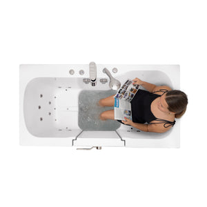 A woman sitting in a Two woman sitting in a Ella Tub4Two 32"x60" vacuum formed from a solid, long-lasting acrylic sheet with two center-facing seats, U-Shape outward swing door with a gear/shaft driven 3-latch door lock in a white background