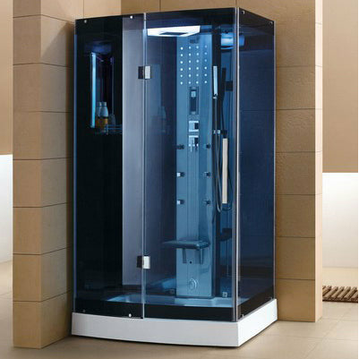 Mesa Steam Shower - with tempered blue glass on all sides with a nickel interior control panel, Fluorescent Blue Mood Lighting, Storage Shelves, Foldable Center Seat, Overhead Lighting, 6 Acupressure Water Body Jets, Adjustable Handheld Shower Head, Rainfall Shower Head, FM Radio Built-In, Digital Timer and Temperature Control - WS-300A - Vital Hydrotherapy