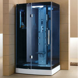 Mesa Steam Shower - with tempered blue glass on all sides with a nickel interior control panel, Fluorescent Blue Mood Lighting, Storage Shelves, Foldable Center Seat, Overhead Lighting, 6 Acupressure Water Body Jets, Adjustable Handheld Shower Head, Rainfall Shower Head, FM Radio Built-In, Digital Timer and Temperature Control - Lifestyle setting - Installed on as a left-hand side unit - WS-300A - Vital Hydrotherapy