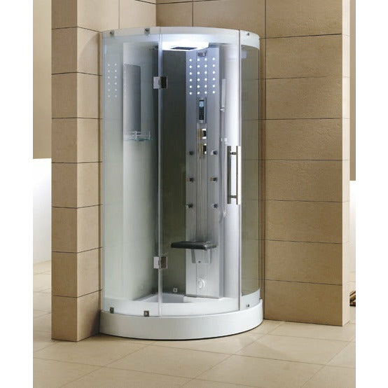Mesa WS-302 Corner Steam Shower stylish curved clear glass all around with a nickel interior heavy-duty hinged door and chrome exterior and interior accents with fold-down seat, storage shelves, FM Radio Built-In, and acupuncture water body jets
