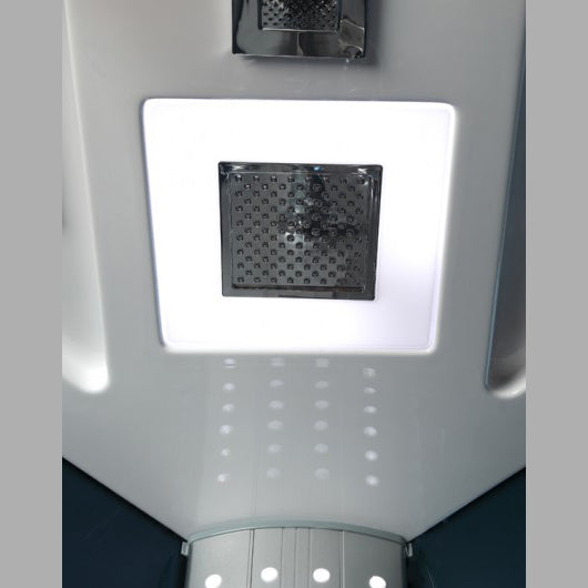 Mesa WS-302A Corner Steam Shower - Blue Glass rainfall shower head and a fluorescent blue mood lighting