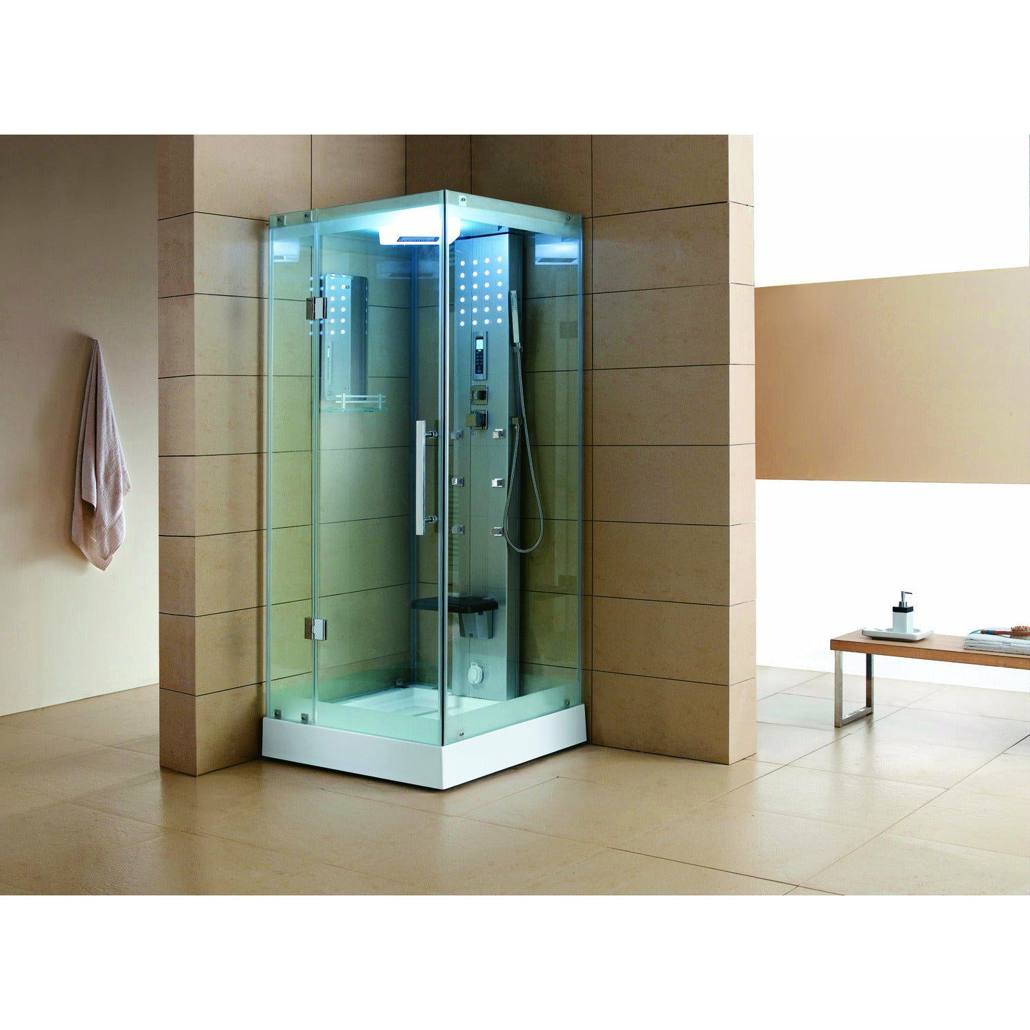 Mesa WS-303 Steam Shower tempered glass on all sides with a polished nickel interior control panel with foldable black center seat, adjustable handheld shower head, rainfall shower head, storage shelves and a fluorescent blue mood lighting