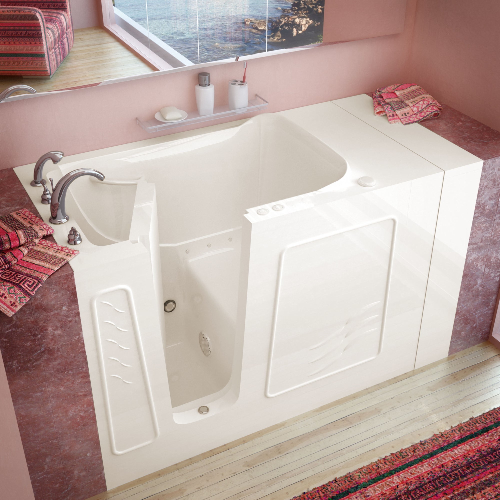 Meditub 30 x 53 Walk-In Bathtub - High-grade marine fiberglass with triple gel coating - Biscuit finish and color matching trim - Inward swinging door - Left side drain - with 6 in. Threshold & 17 in. Seat Height, built-in grab bar - Air Jetted - Lifestyle - 3053 - Vital Hydrotherapy
