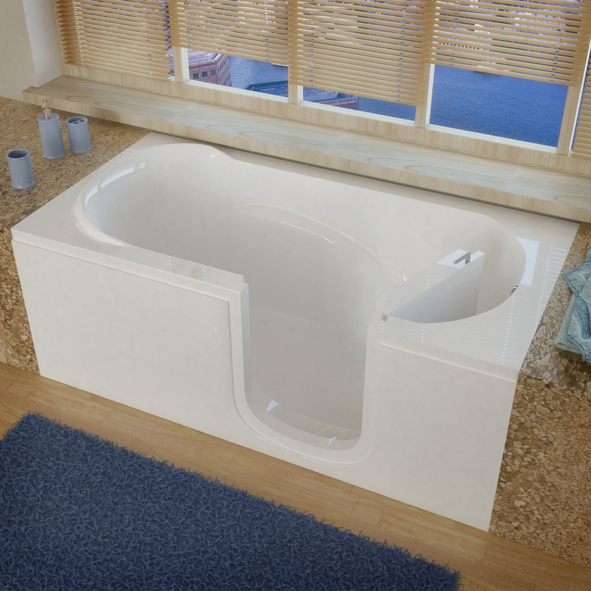 Meditub 30 x 60 White Step-In Bathtub - High-grade marine fiberglass with acrylic coating - White Finish and color matching trim - Inward swinging door - Right side drain - with 7 in. Threshold, built-in grab bar - Soaking - Lifestyle - 3060SI - Vital Hydrotherapy