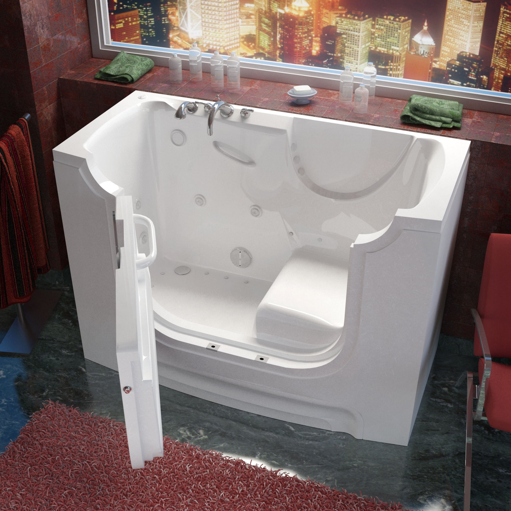 Meditub 30 x 60 White Wheelchair Accessible Bathtub - High-grade marine fiberglass with triple gel coating - White Finish and color matching trim - Outward swinging door - Left side drain - with 15 in. Threshold & 21 in. Seat Height, built-in grab bar - Air Jetted - Lifestyle - 3060WCA - Vital Hydrotherapy
