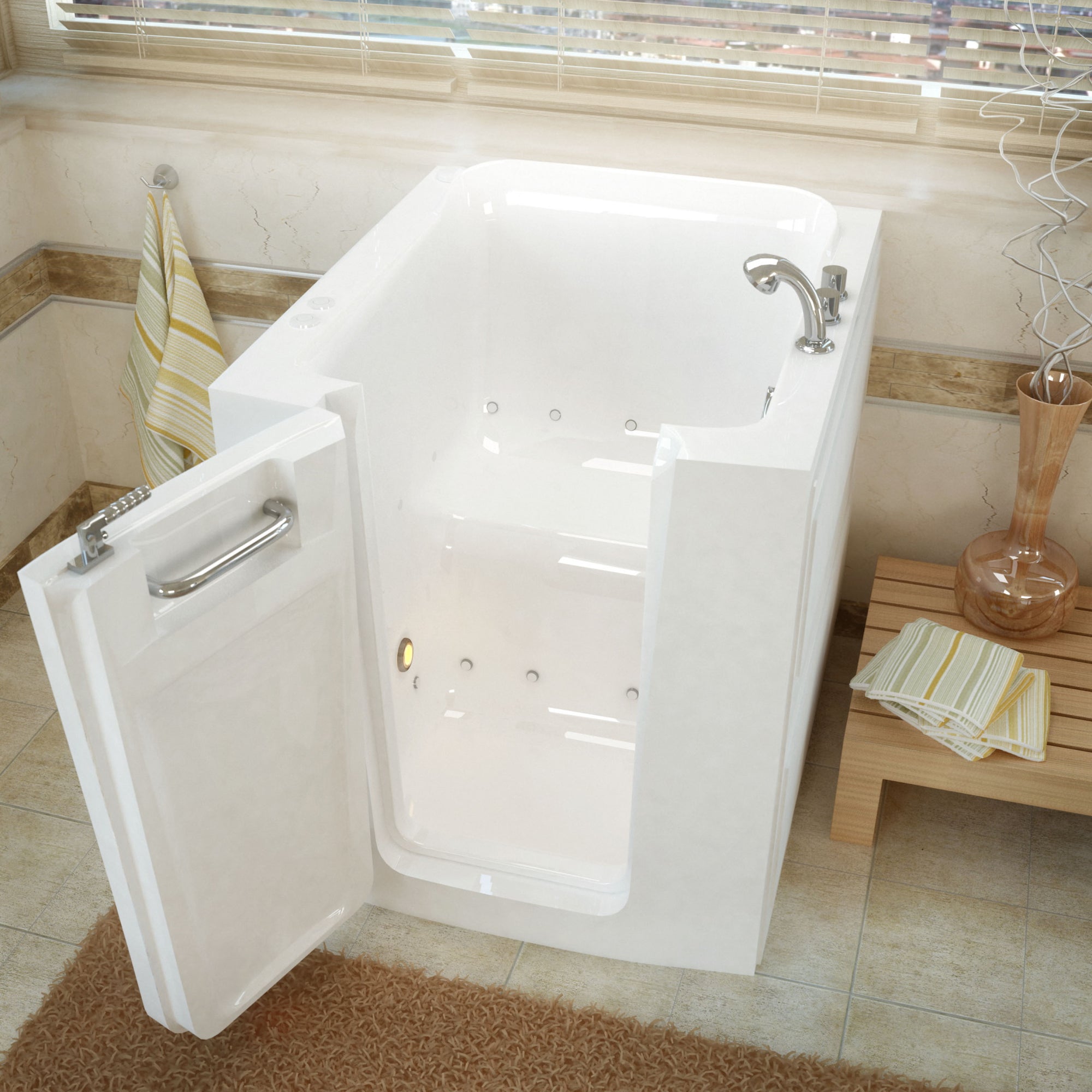 Meditub 32 x 38 White Walk-In Bathtub - High-grade marine fiberglass with acrylic coating - Outward swinging door - Left door - with 3.5 in. Threshold & 15 in. Seat Height, built-in grab bar - Air Jetted - Lifestyle - 3238 - Vital Hydrotherapy